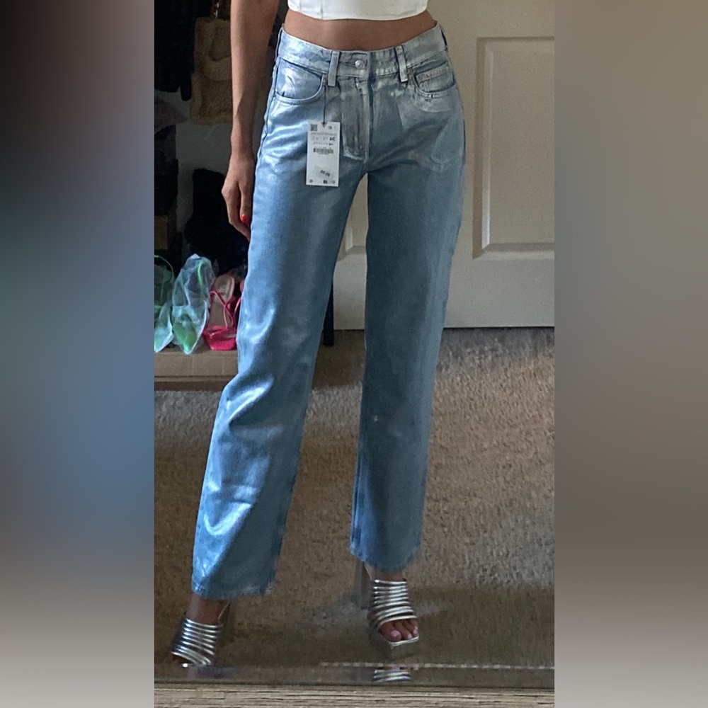 Zara Metallic Foil Coated Jeans